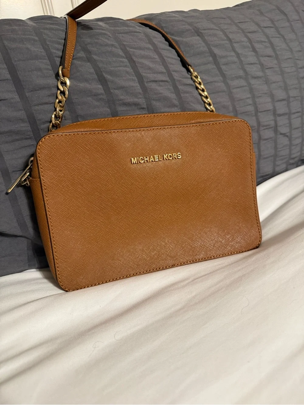 Michael Kors Brown Leather Crossbody with Gold Chain Accent